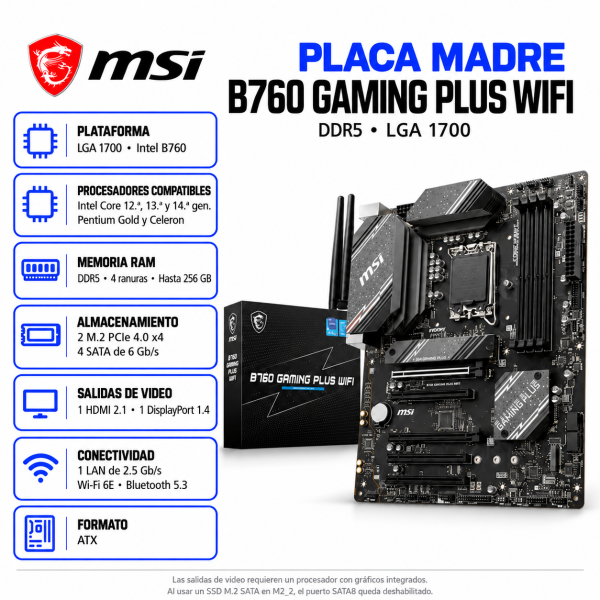 PLACA MADRE MSI B760 GAMING PLUS WIFI DDR5 LGA 1700