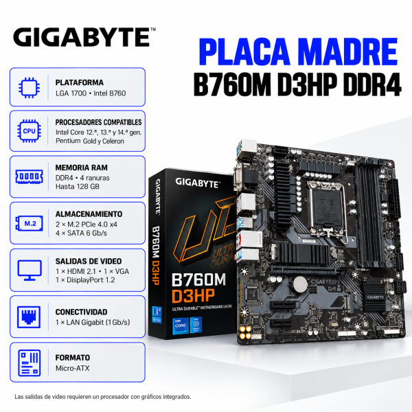 PLACA MADRE GIGABYTE B760M D3HP DDR4 LGA 1700