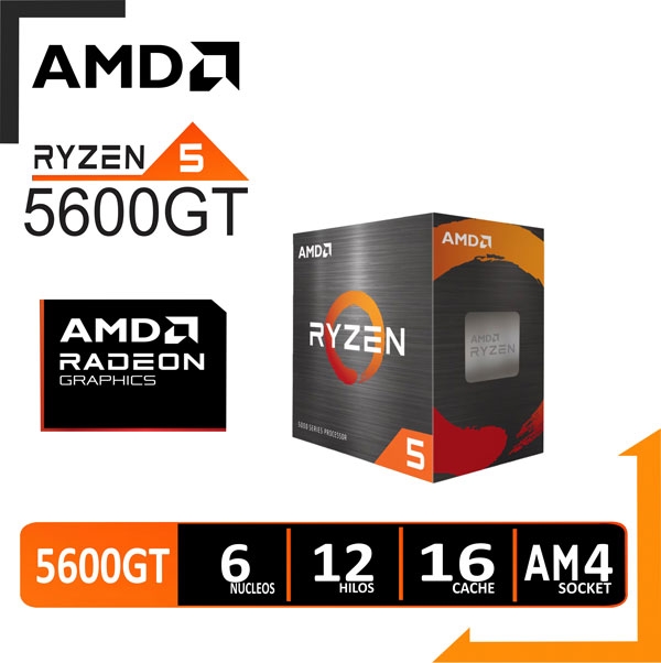 PROCESADOR AMD RYZEN 5 5600GT, 3.60 / 4.60 GHZ, 16MB L3, 6 CORE, AM4, 7NM, 65W.