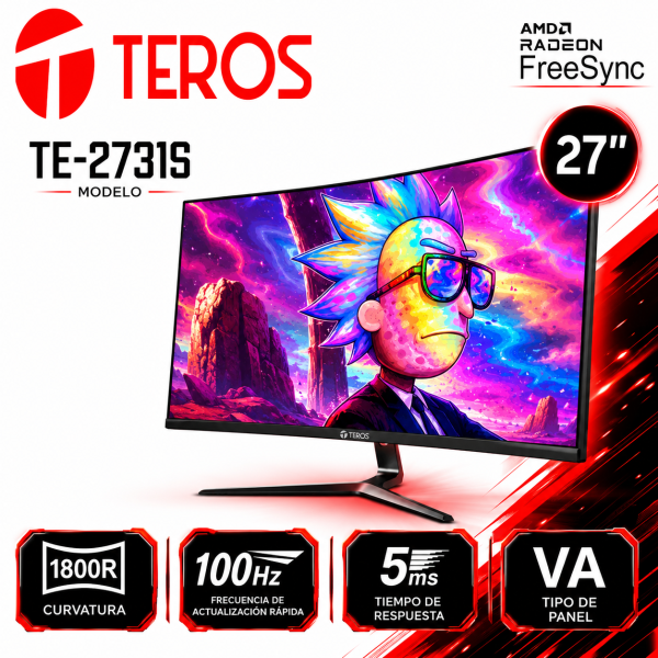 MONITOR TEROS TE-2731S, 27" CURVO VA, 100HZ, 1920X1080,FULL HD, HDMI, VGA, VESA, FREESYNC