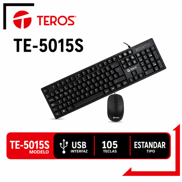 KIT TECLADO Y MOUSE TEROS TE-5015S, USB, NEGRO, ESPAÑOL