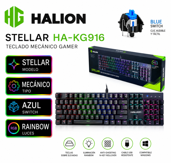 TECLADO MECANICO GAMER HALION STELLAR HA-KG916, RAINBOW METAL