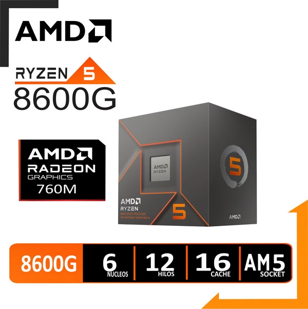 PROCESADOR AMD RYZEN 5 8600G 4.3GHZ HASTA 5GHZ 16MB (100-100001237BOX) AM5, 6 NUCLEOS, RADEON GRAPHICS