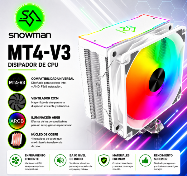 COOLER DE PROCESADOR  SNOWMAN  MT4-V3 ARGB WHITE 4 PIPAS DE COBRE