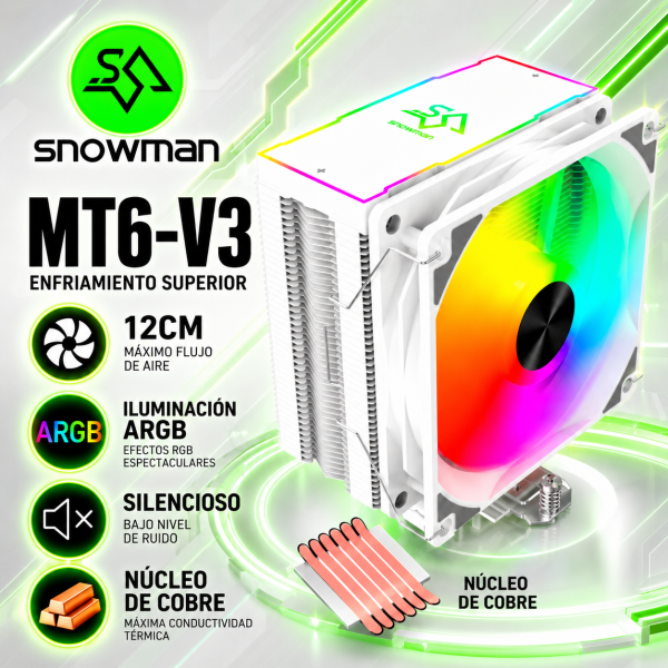 COOLER DE PROCESADOR SNOWMAN MT6-V3 ARGB WHITE 6 PIPAS DE COBRE