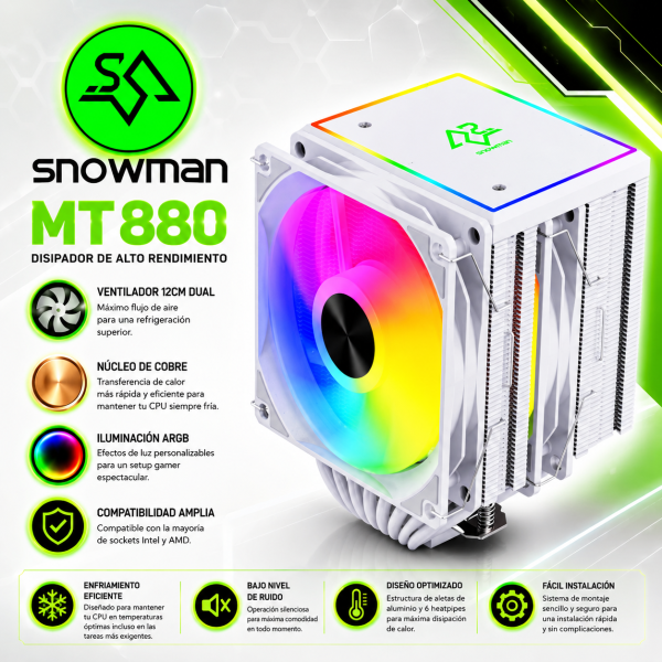 COOLER DE PROCESADOR  SNOWMAN  MT880 ARGB WHITE  8 PIPAS DE COBRE