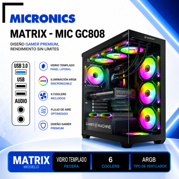 CASE GAMER MICRONICS MATRIX MIC G808 CON 6 COOLER ARGB