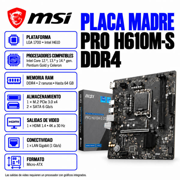 PLACA MADRE MSI PRO H610M-S DDR4, CHIPSET INTEL H610, LGA1700, MATX