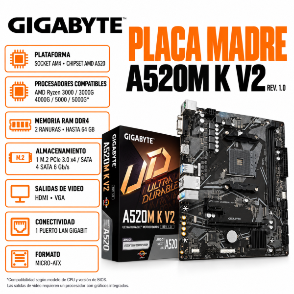 PLACA MADRE GIGABYTE A520M K V2 (REV. 1.0) CHIPSET AMD A520, SOCKET AM4, MICRO ATX