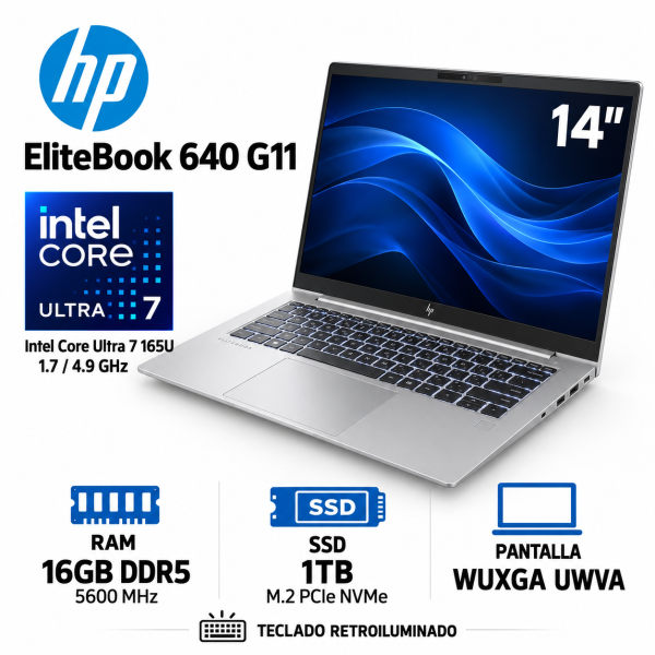 LAPTOP HP ELITEBOOK 640 G11, 14 WUXGA UWVA, CORE ULTRA 7-165U 1.7 / 4.9GHZ, 16GB DDR5-5600MHZ, M.2 PCI NVME 1TB, TECLADO RETROILUMINADO