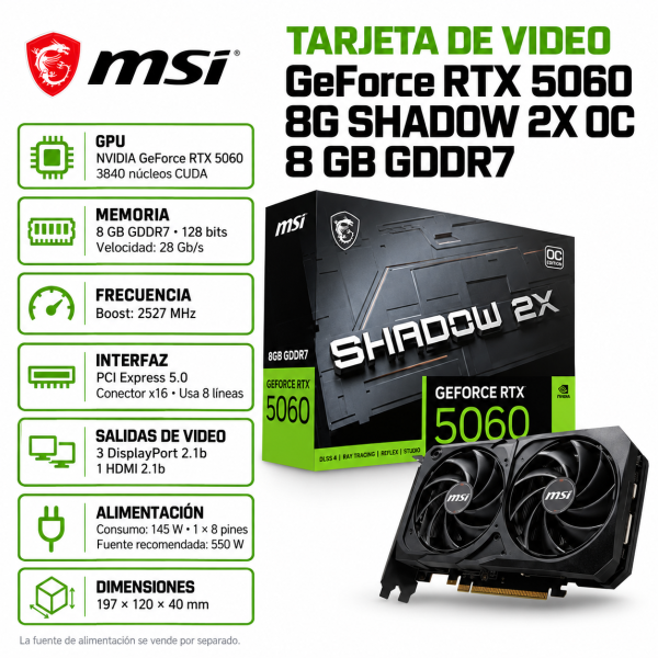 TARJETA DE VIDEO MSI GEFORCE RTX 5060 8GB GDDR7 128 BITS ASHADOW 2X OC