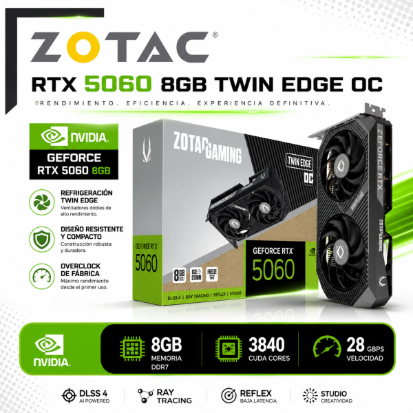 TARJETA DE VIDEO ZOTAC GAMING GGEFORCE RTX 5060 8GB GDDR7 128 BITS TWIN EDGE OC