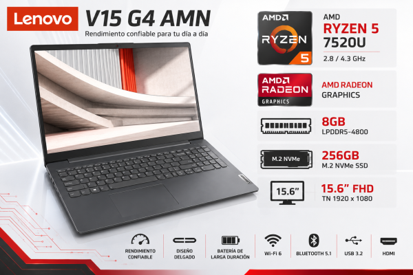 LAPTOP LENOVO V15 G4 AMN 15.6 FHD TN, AMD RYZEN 5 7520U 2 2.8 /4.3GHZ, 8GB LPDDR5-4800, M.2 256GB
