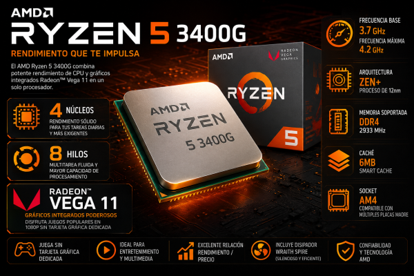 PROCESADOR AMD RYZEN 5 3400G 3.70GHZ/4.20GHZ 6MB 4 CORE AM4 RADEON RX VEGA 11
