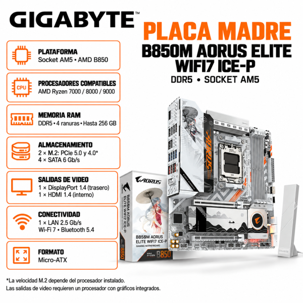 PLACA MADRE GIGABYTE GIGABYTE B850M AORUS ELITE WIFI7 ICE-P SOCKET AMD AM5
