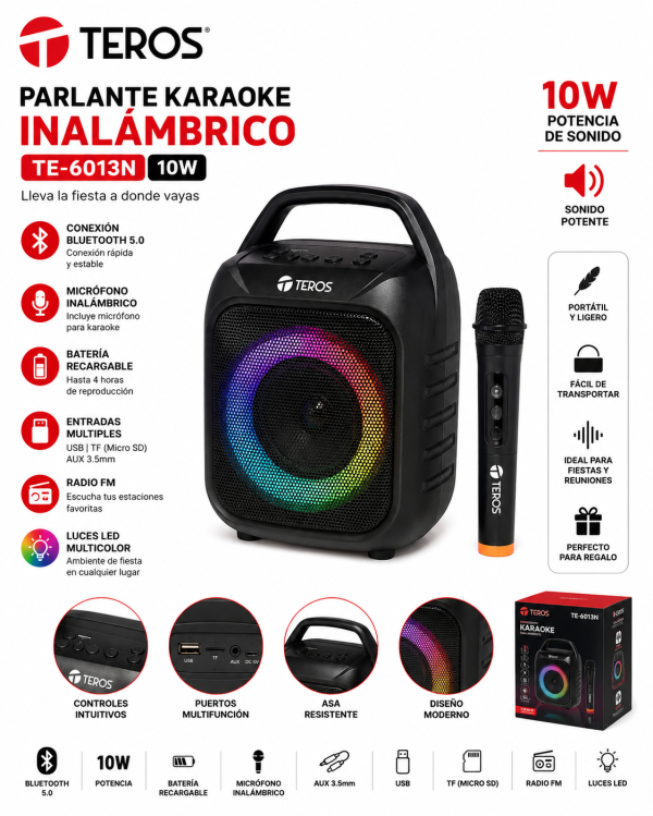 PARLANTE KARAOKE INALÁMBRICO TEROS TE 6013N NEGRO 10W