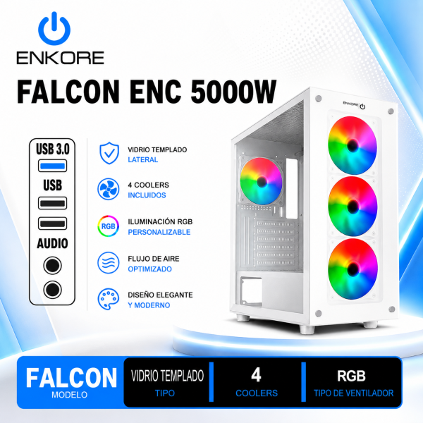 CASE ENKORE FALCON ENC 5000 SIN FUENTE RAINBOW VIDRIO TEMPLADO MID TOWER WHITE