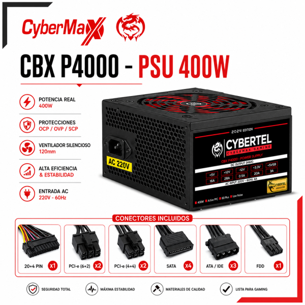 FUENTE DE PODER CYBERTEL CBX P4000 PSU 400W, ATX