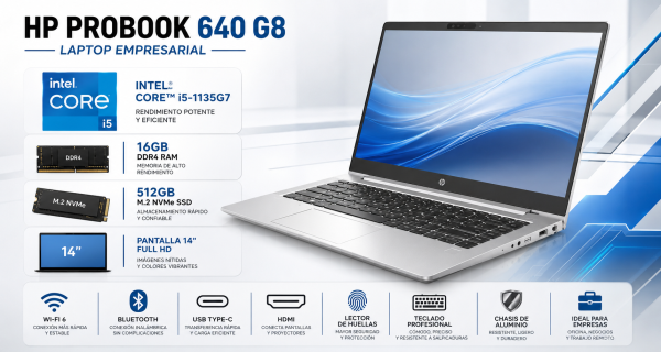 LAPTOP PROBOOK 640 G8 EMPRESARIAL INTEL CORE I5 1135G7, MEMORIA RAM DE 16GB, M.2 NVME DE 512GB, PANTALLA DE 14 OPEN BOX