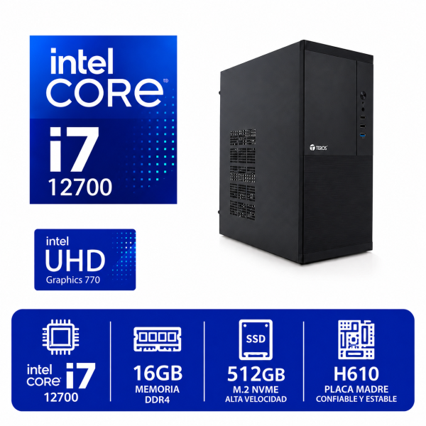 CPU INTEL CORE I7 12700, RAM 16GB DDR4, M.2 NVME 512GB, PLACA MADRE H610