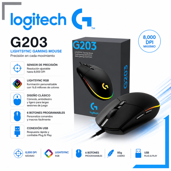 MOUSE GAMER LOGITECH G203 RGB LIGHTSYNC 8000 DPI BLACK USB (910-005790)