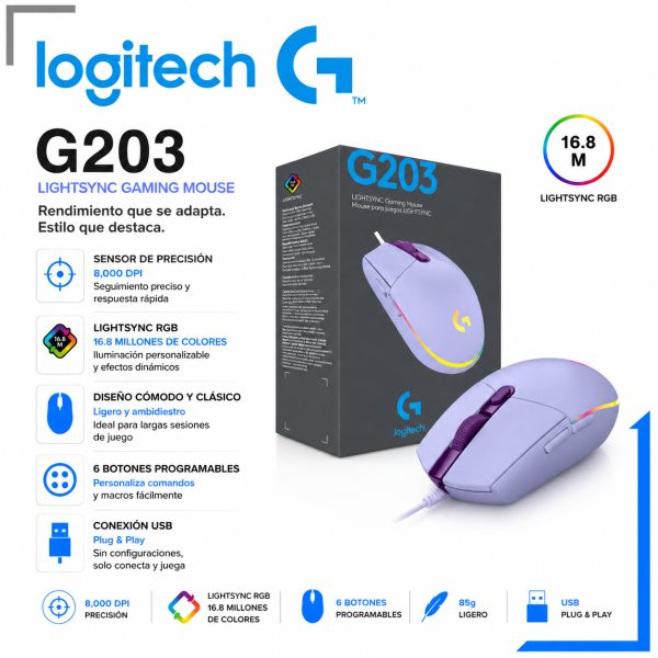 MOUSE GAMER LOGITECH G203 RGB LIGHTSYNC 8000 DPI LILA USB (910-005851)