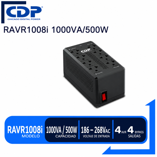 ESTABILIZADOR CDP 1000VA  500W  220VA  8 TOMAS (RAVR1008I)