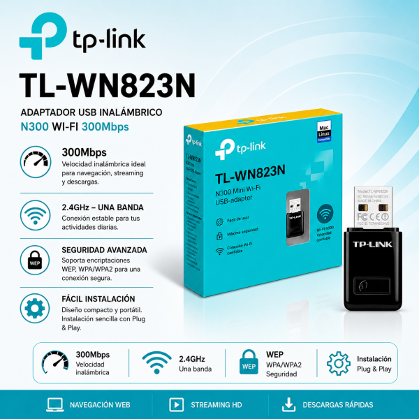 ADAPTADOR TP LINK USB WIFI 300MBPS TL-WN823N MINI