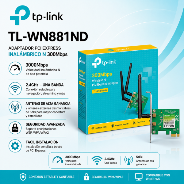 TARJ. DE RED TP-LINK WIFI PCI-EXPRESS 300MBPS TL-WN881ND