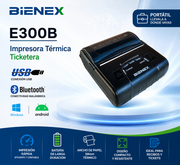 IMPRESORA TICKETERA TERMICA PORTATIL BIENEX E300B DE 80MM USB BLUETOOTH