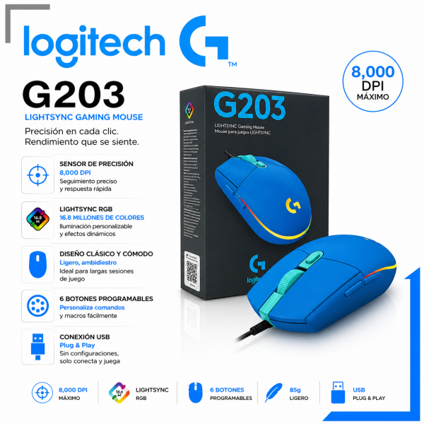 MOUSE GAMER LOGITECH G203 RGB LIGHTSYNC 8000 DPI BLUE USB (910-005792)