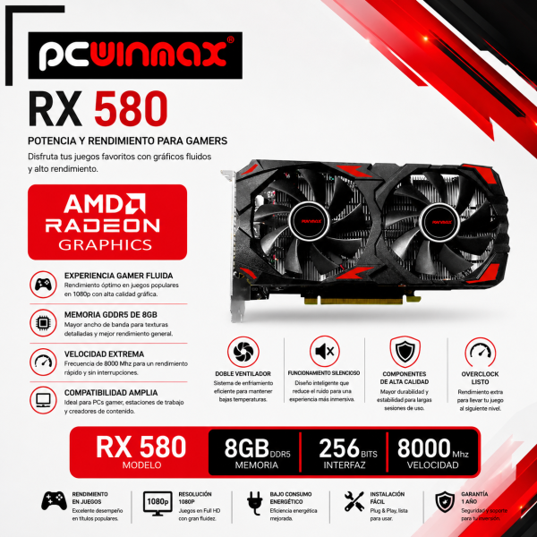 TARJETA DE VIDEO PCWINMAX RADEON RX 580 8GB DRR5   256BIT DP - HDMI