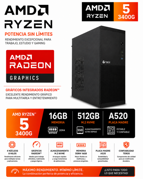 CPU AMD RYZEN 5 3400G, PLACA MADRE A320, RAM 16GB DDR4, SSD M.2 512GB