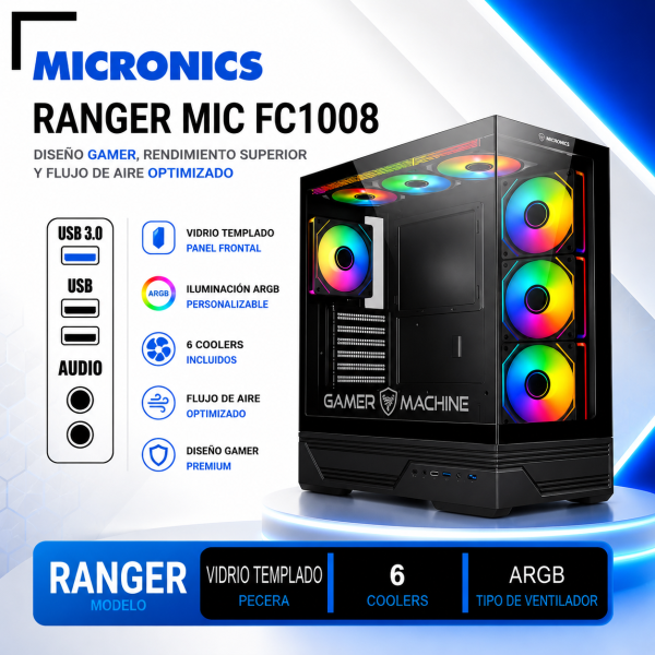 CASE GAMER MICRONICS RANGER MIC F1008 CON 6 COOLER ARGB