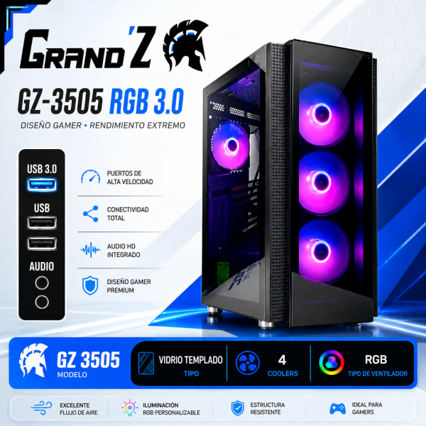 CASE GAMER GRAND Z GZ-3505 PANEL VIDRIO 4 COOLER LED-ARGB (GZ-3505)