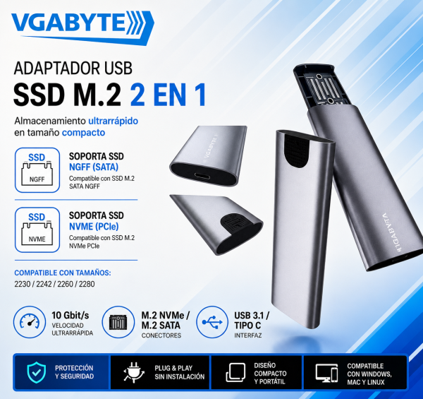 ADAPTADOR USB 3.0 PARA M.2 NGFF Y NVME 2230/ 2242/ 2260/ 2280