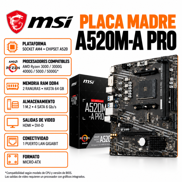 PLACA MADRE MSI A520M A PRO AM4 AMD (A520M-A PRO)