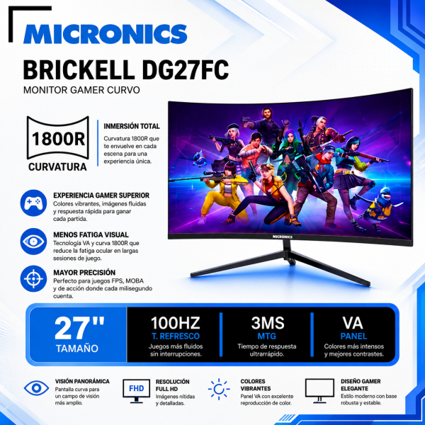 MONITOR MICRONICS GAMER BRICKELL DG27FC 27" FHD 1920X1080 CURVO 100HZ
