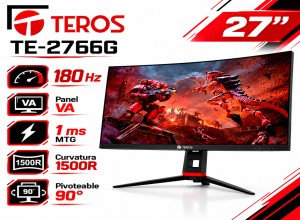 MONITOR GAMER TEROS CURVO 27 TE 2766G FHD 1920 X 1080 VA 180 HZ 1 MS HDMI DISPLAYPORT PIVOTEABLE