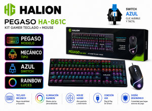 KIT TECLADO Y MOUSE MECANICO HALION GAMER MODELO PEGASO HA-861C RAIMBOW
