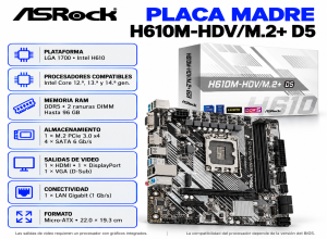 PLACA MADRE ASROCK H610M-HDV/M.2+D5 ( 90-MXBM50-A0UAYZ ) LGA 1700   2*DDR5   HDMI-DP
