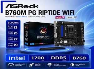 PLACA MADRE ASROCK B760M PG RIPTIDE WIFI, CHIPSET INTEL B760, LGA1700, MATX