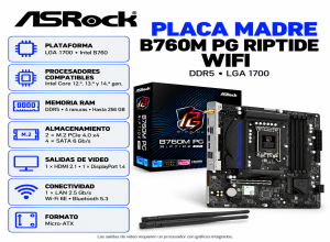 PLACA MADRE ASROCK B760M PG RIPTIDE WIFI, CHIPSET INTEL B760, LGA1700, MATX