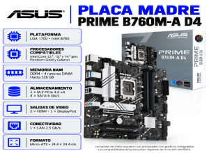 PLACA MADRE ASUS PRIME B760M-A D4, LGA 1700
