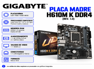 PLACA MADRE GIGABYTE H610M K DDR4 (REV. 1.0) CHIPSET INTEL H610, LGA1700, MICRO ATX