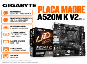 PLACA MADRE GIGABYTE A520M K V2 (REV. 1.0) CHIPSET AMD A520, SOCKET AM4, MICRO ATX
