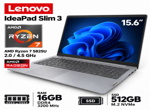 LAPTOP LENOVO IDEAPAD SLIM 3 AMD RYZEN 7 5825U 2.0/4.5GHZ, MEMORIA RAM 16GB DDR4-3200MHZ, M.2 NVME 512GB, PANTALLA DE 15.6"