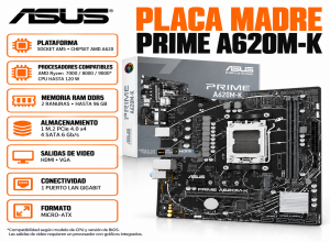 PLACA MADRE ASUS PRIME A620M-K, CHIPSET AMD A620, SOCKET AMD AM5, MICRO ATX