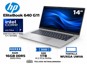 LAPTOP HP ELITEBOOK 640 G11, 14 WUXGA UWVA, CORE ULTRA 7-165U 1.7 / 4.9GHZ, 16GB DDR5-5600MHZ, M.2 PCI NVME 1TB, TECLADO RETROILUMINADO