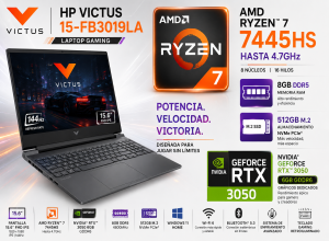 LAPTOP GAMING HP VICTUS 15-FB3019LA, 15.6" FHD IPS, AMD RYZEN 7 7445HS HASTA 4.7GHZ, 16GB DDR5, 512GB M.2